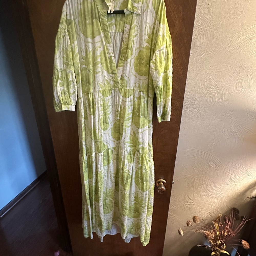 Anthropologie Green Leaf Print Long Sleeve Dress